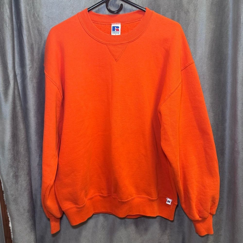 Vtg 90s Russell Athletic Blank Solid Orange Crewneck Sweater USA Made Large